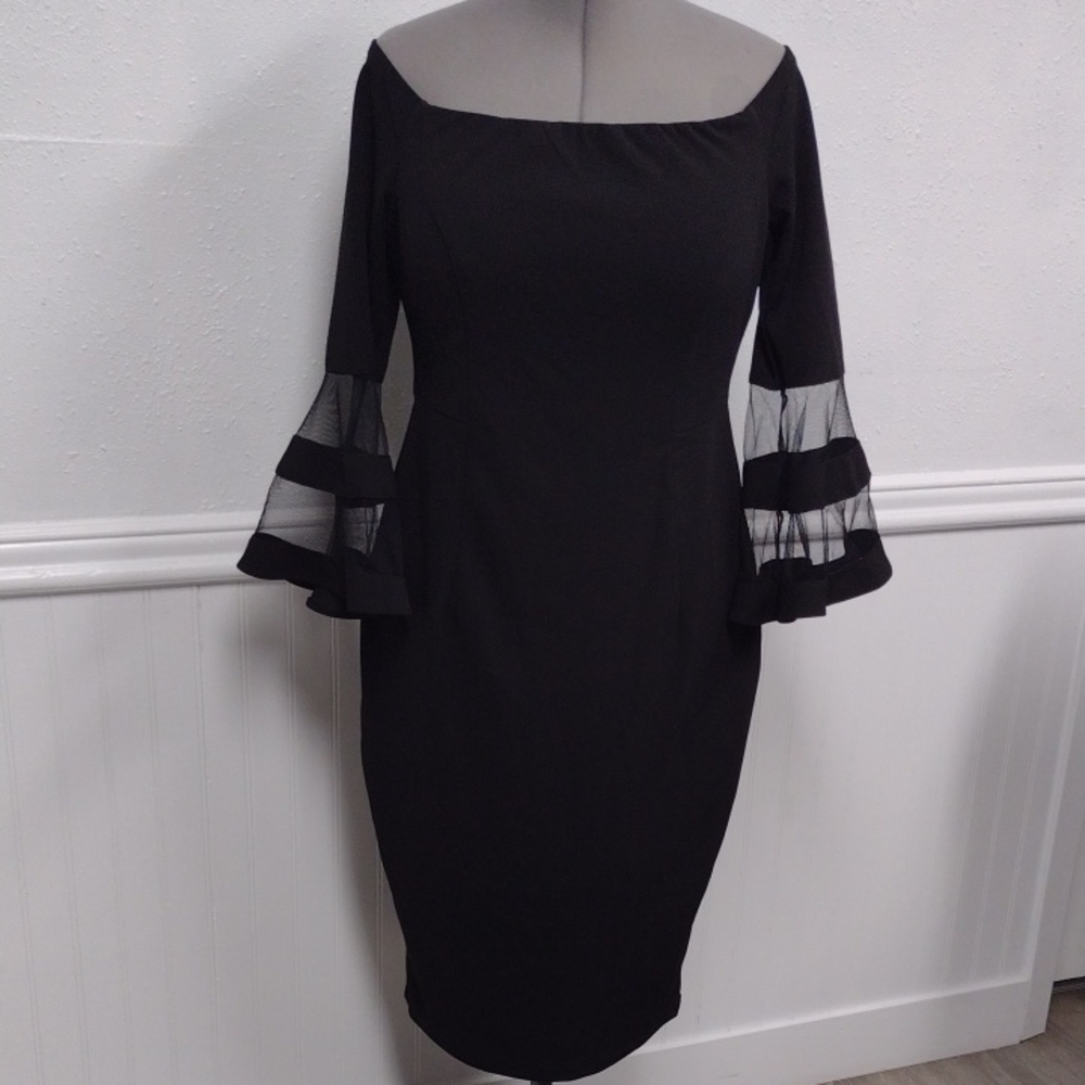 Premier Amour Elegant Black Long Sleeve Dress with Sheer Details